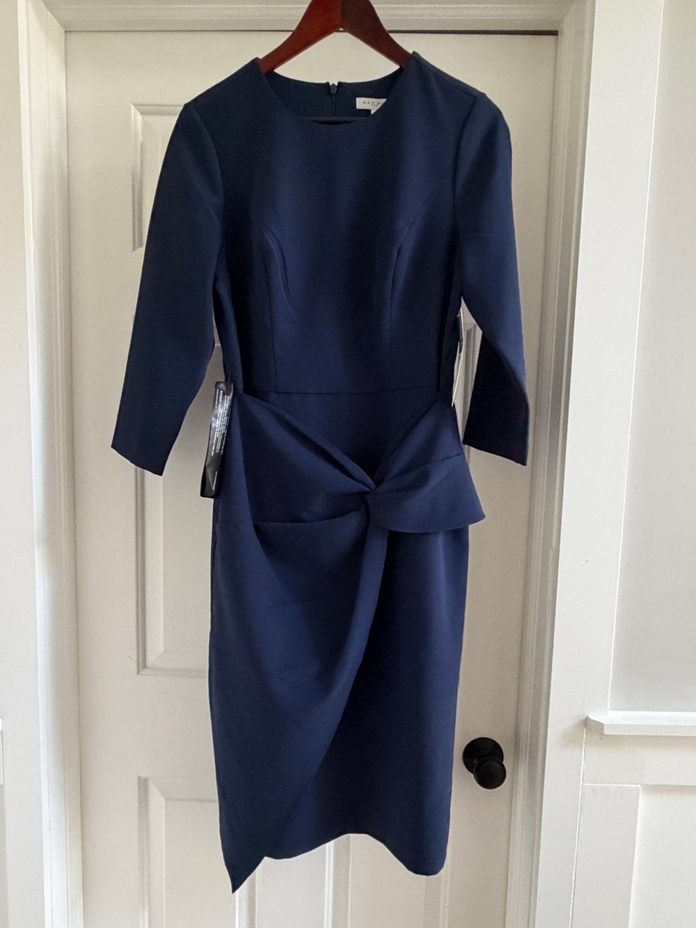 NWT Kay Unger Navy Midi Sheath Dress with Twist Front